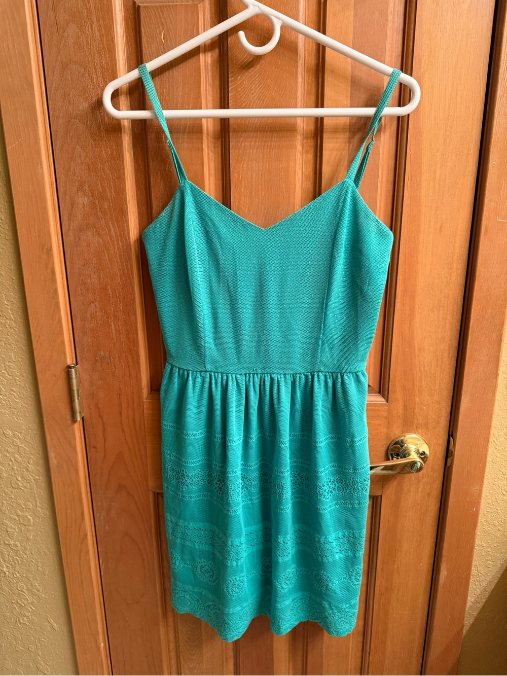 BeBop Teal Spaghetti-Strap Mini Dress with Lace Paneling
